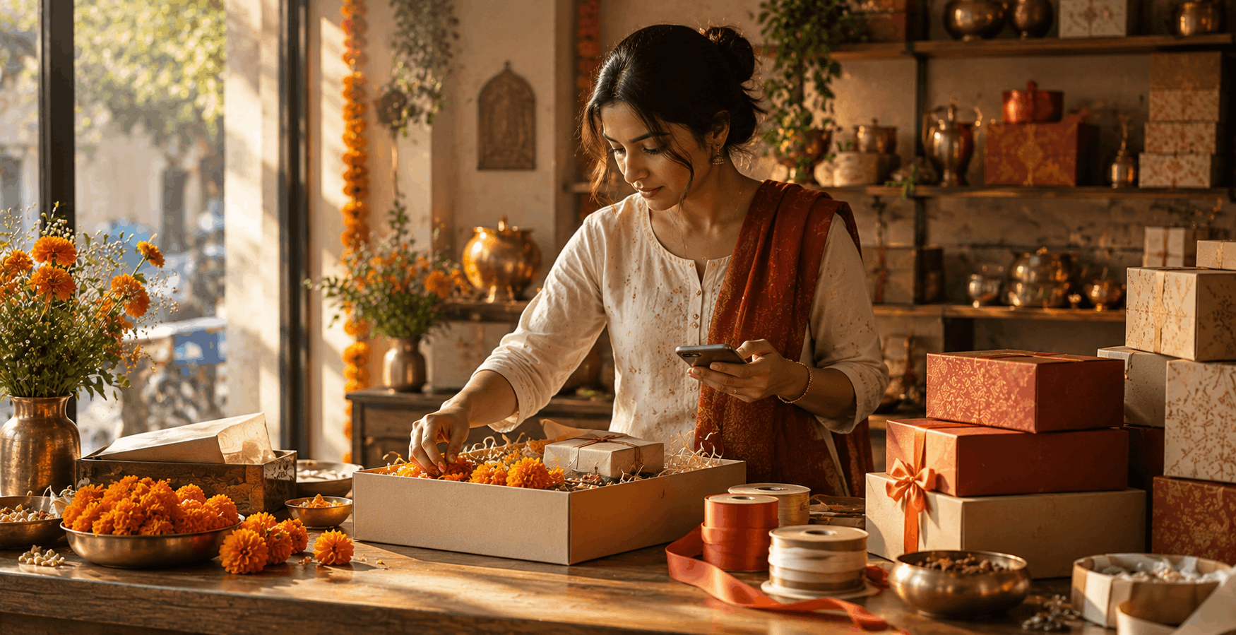 A small Indian shop owner arranging festive Diwali packaging and marigold decorations while checking a phone, showing how festive design work starts weeks before the festival