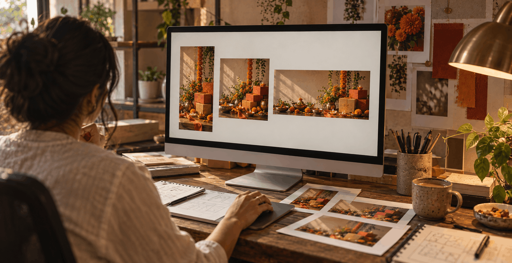A designer reviewing a festive campaign key visual in vertical, square and wide crops on screen, showing the multi format asset planning behind a Diwali design sprint