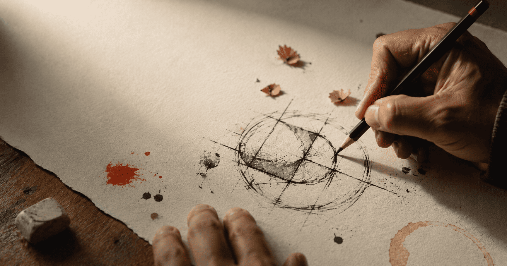 A hand sketching a rough logo idea in a notebook, showing the return of human, imperfect design in 2026