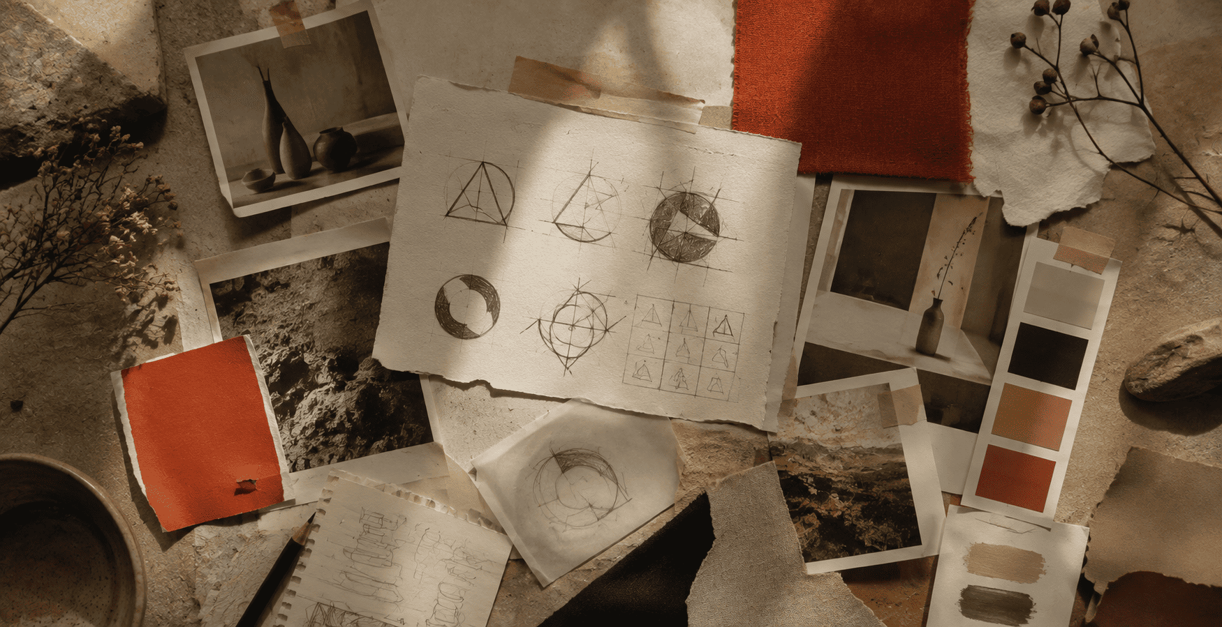 A warm, textured brand layout with hand-drawn elements and real photography, showing human imperfect design for a 2026 brand