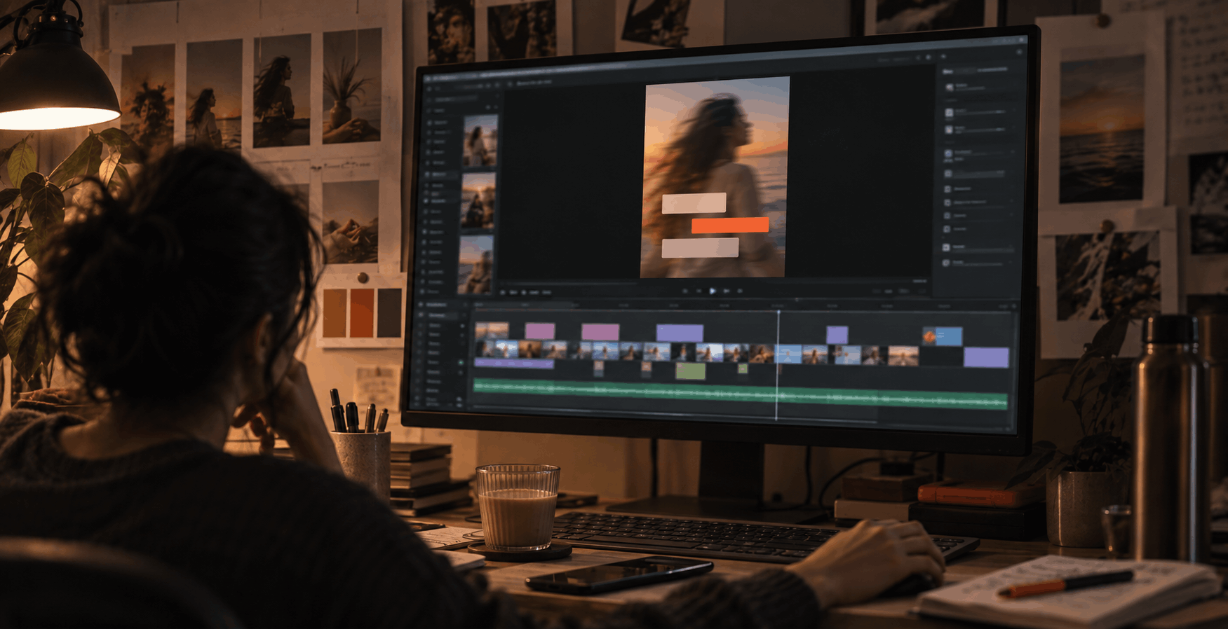 A motion designer reviewing a vertical brand reel timeline with captions and brand colour in the opening frame, showing motion design fixes for short form video
