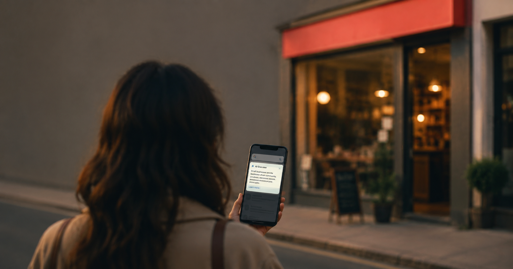 A pedestrian absorbed in their phone walks past a small business owner standing in their shop doorway — a visual of zero-click search