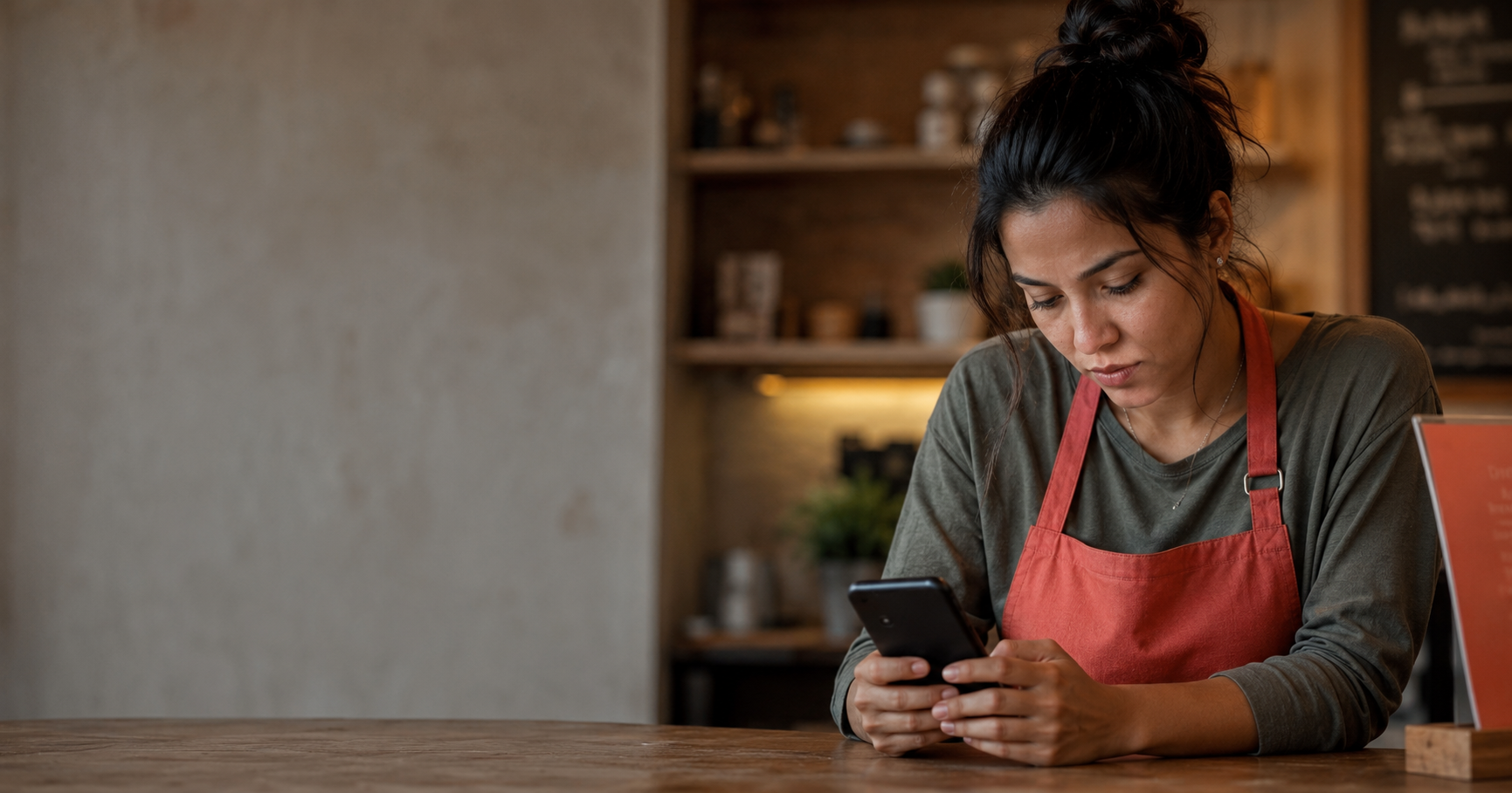 A pedestrian absorbed in their phone walks past a small business owner standing in their shop doorway — a visual of zero-click search